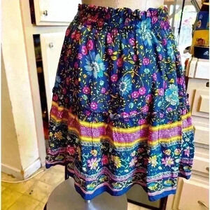 Alelly Light Flouncy European Vibe Mini Skirt in Blue Pink Bright Florals Medium